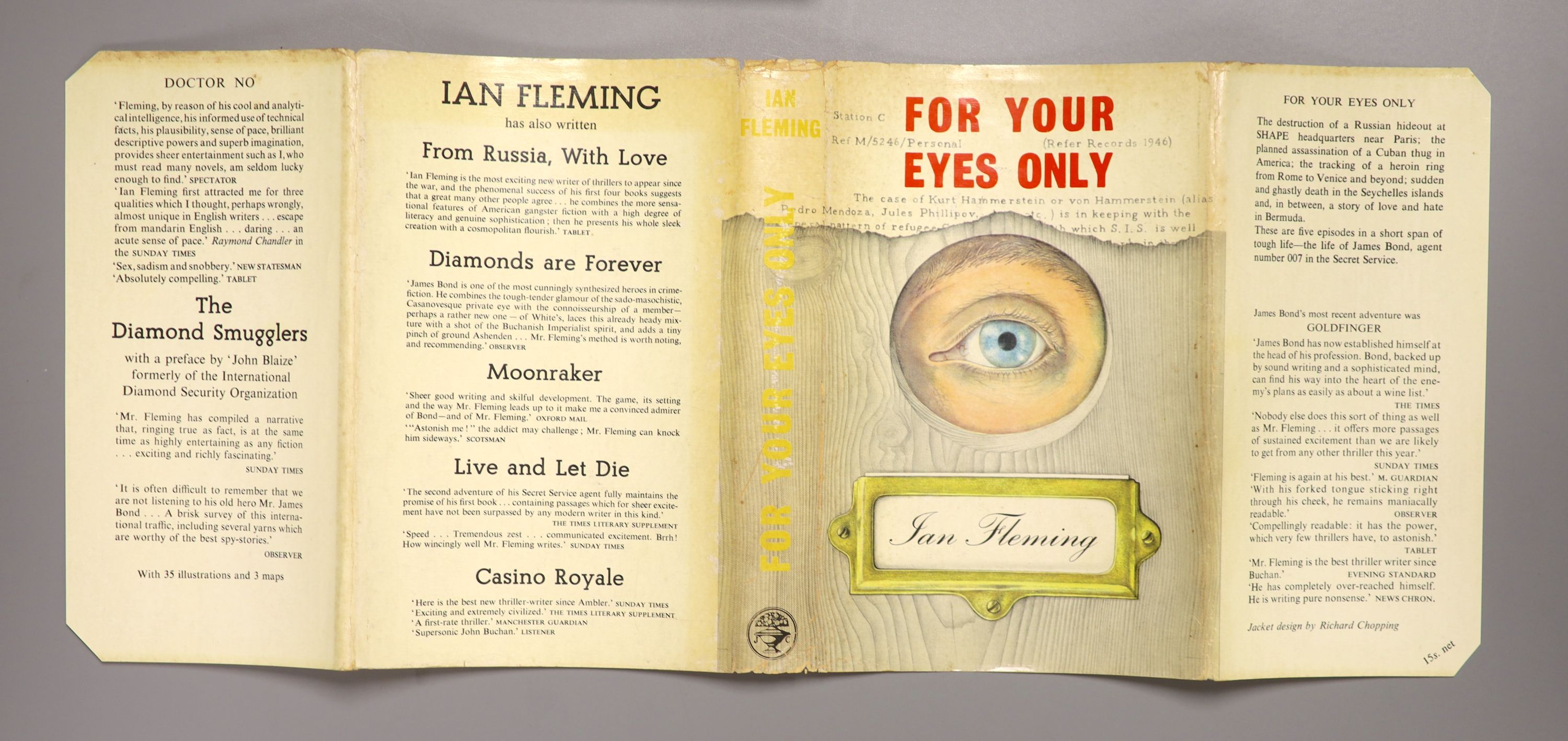 Fleming, Ian - For Your Eyes Only, 1st edition, original cloth with unclipped d/j, designed by Richard Chopping, London, 1960 and Fleming, Ian - Goldfinger, 2nd impression, original black cloth with gilt lettering and em